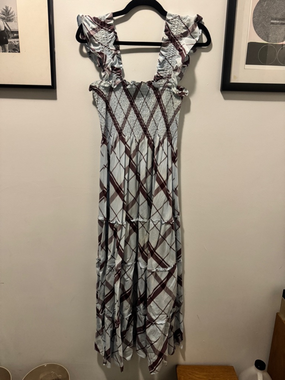 Hill House Home Smocked Plaid Maxi Dress w Ruffle Straps - Light Blue & Maroon